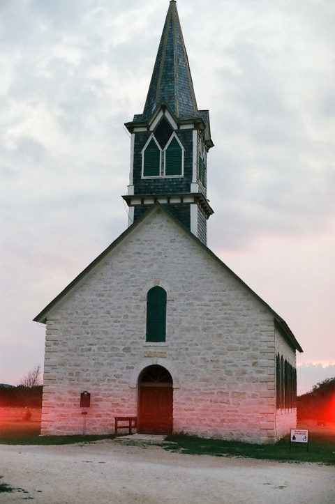 a photograph of a church in Cranfills Gap TX show on film