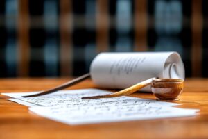 A beautifully arranged scene featuring elegant handwritten pages, a gracefully rolled scroll, and a wooden pen resting gently on a polished wooden table, symbolizing clarity, authenticity, resilience, and thoughtful reflection.
